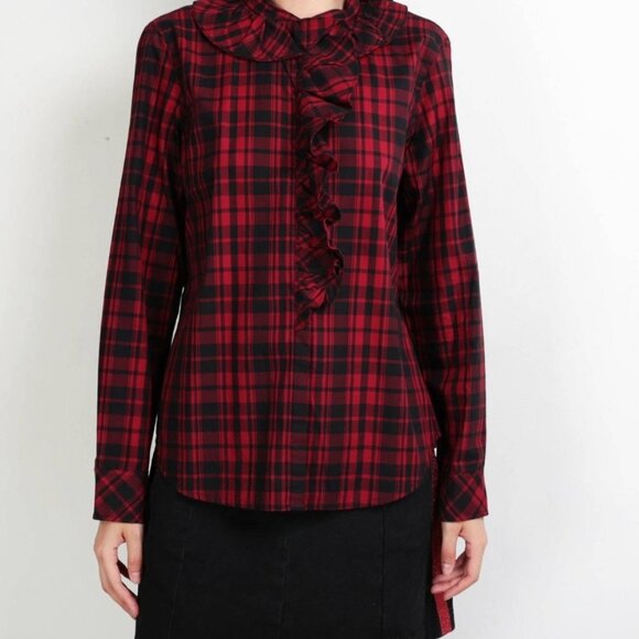 Ralph Lauren Buffalo Plaid Ruffle Shirt Top Button Long Sleeve M Red Holiday - Picture 1 of 9